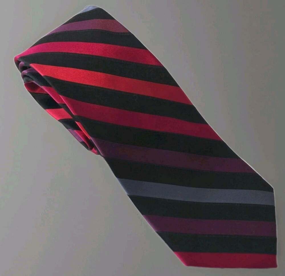 George Tie Red Black Blue Purple Crosshatch Striped Silk Necktie 57"L 3.75"W